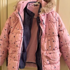 OshKosh B'gosh Pink Star Puffer Coat with Faux Fur Hood and Fleece Inner Jacket